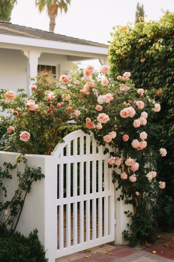a solid white fence, a picket gate covered with lush blush blooms  look dreamy, chic and vivacious, this subtle touch of color will make the entrance more welcoming