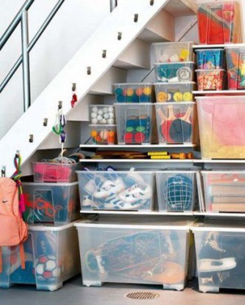 cubby storage under the basement stairs