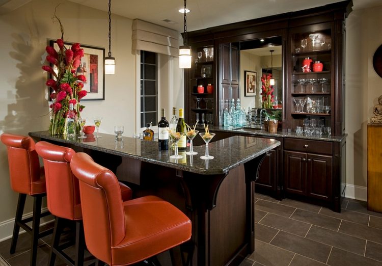 basement bar with orange touches