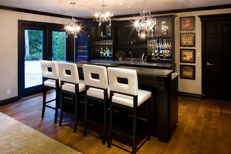 black and white basement bar