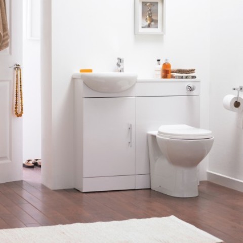 white vanity, sink and toilet combo