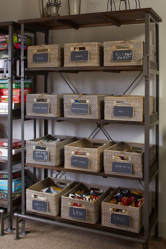 basement baskets with labels