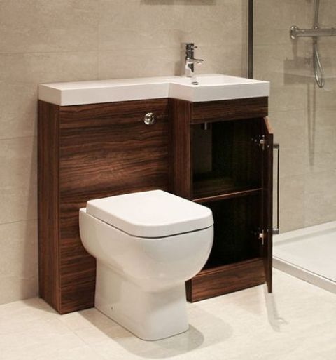 wooden unit with a sink, toilet and a storage compartment