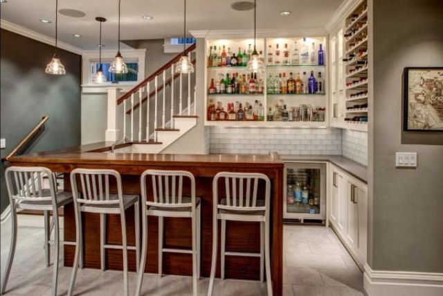 open shelving basement bar