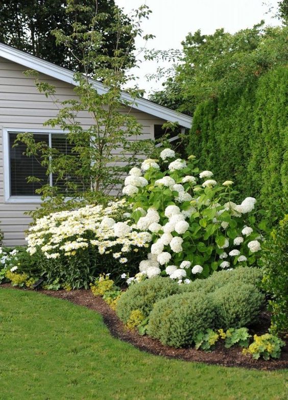 a beautiful corner garden with a living wall, shrubs, blooms and a tree is a lush and cool idea for any space