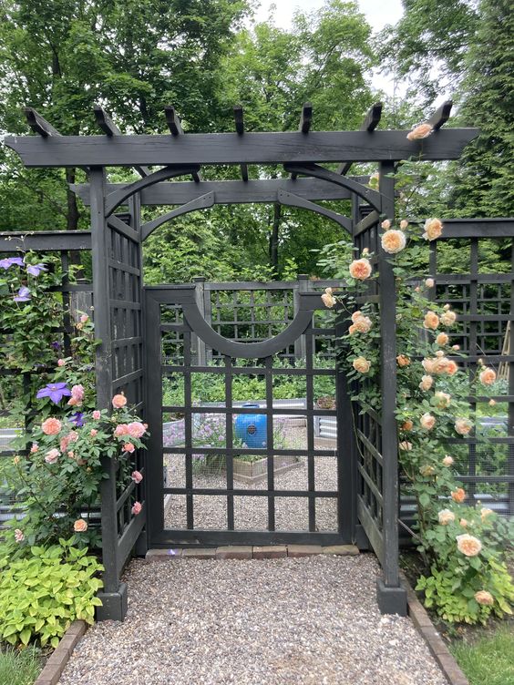 a black grid fence, a gate with an arbor and some bright blooming vines for an accent are a beautiful combo for a refined garden