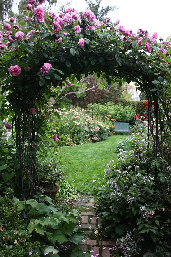 a black metal arch covered with greenery and pink peony roses will bring color and fragrance to your outdoor spaces