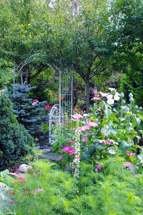 a blooming space with greenery, pastel blooms, an arch, some trees and shrubs is amazing