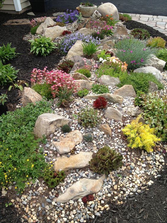 a bright rock garden with pebbles, with greenery and bold blooms is a very catchy and cool part that will add curb appeal