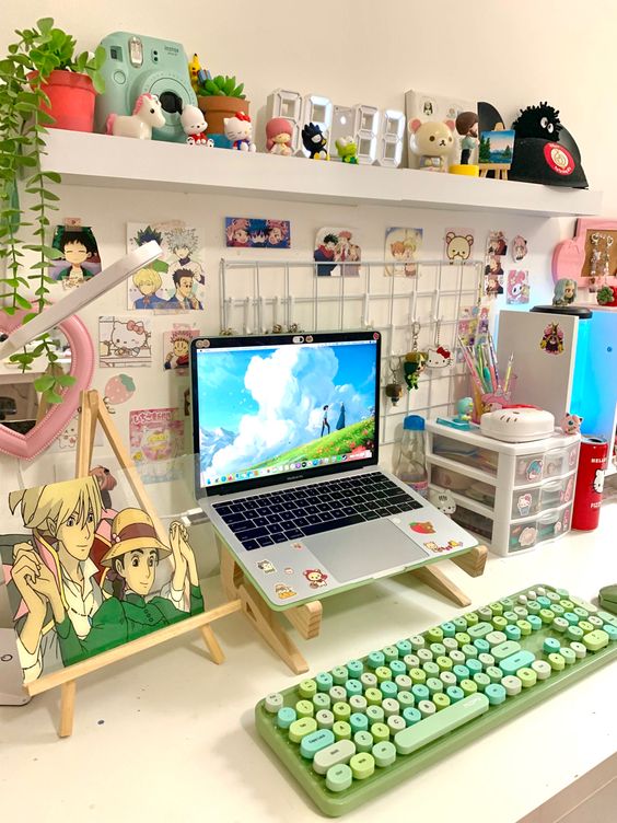 a colorful space with a shelf with decor, a laptop on a stand, some bright accessories, memos and potted plants