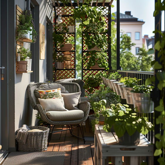 a cool modern balcony with a trellis with shelves and greenery, planters with herbs attached to the railings, rattan chairs and crate tables