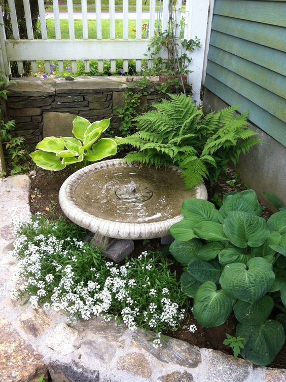 a corner garden with a raised garden bed, some greenery, blooms and a fountain is a cool idea for a modern space