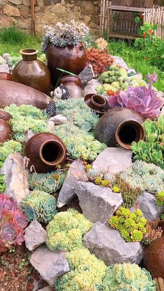 a creative rock garden with succulents of various types, sizes and colors and some matching vases among them to add eye-catchiness