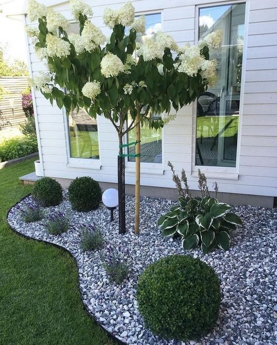 A curved corner garden done with gravel, with greenery, topiaries and a blooming tree is a stylish and chic nook in the front yard of the house. 