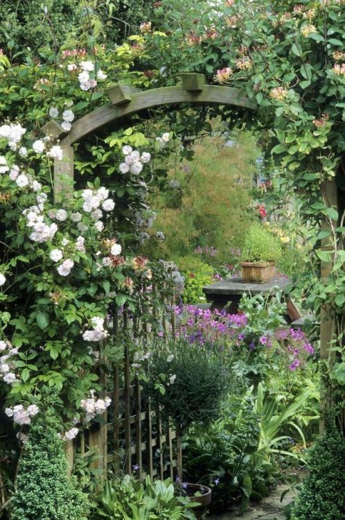 a dreamy space with greenery, white and pink blooms and a wooden arch covered with blooming vines, some simple garden furniture