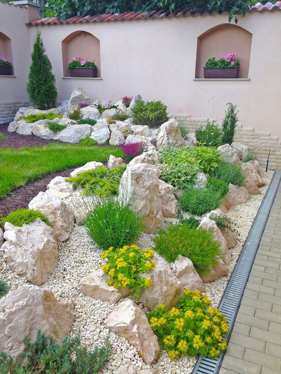 a dry rock garden with pebbles, some greenery and bold blooms looks as if it's part of a mountain landscape