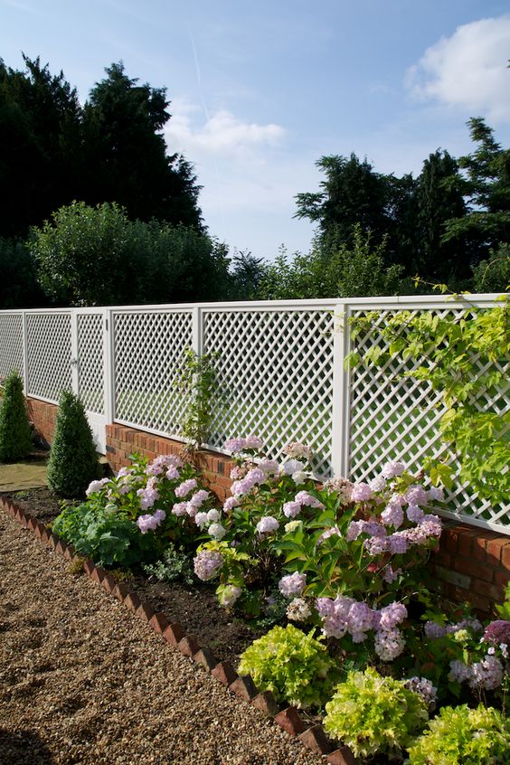 a fence combo of red brick and white trellis covered with greenery is a beautiful solution that is more stable and eye-catchy than usual lattic