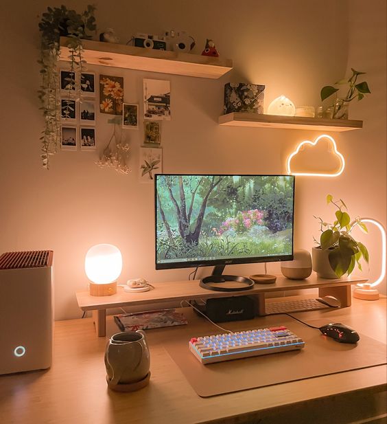 a gorgeous aesthetic workspace with a desk, a stand, a monitor, shelves with decor, potted plants, some lovely lamps