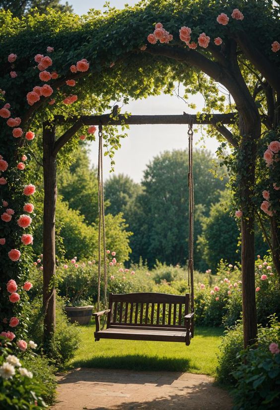 a gorgeous floral arch with pink blooms and greenery plus a swinging bench here for a beautiful and vintgae-inspired look