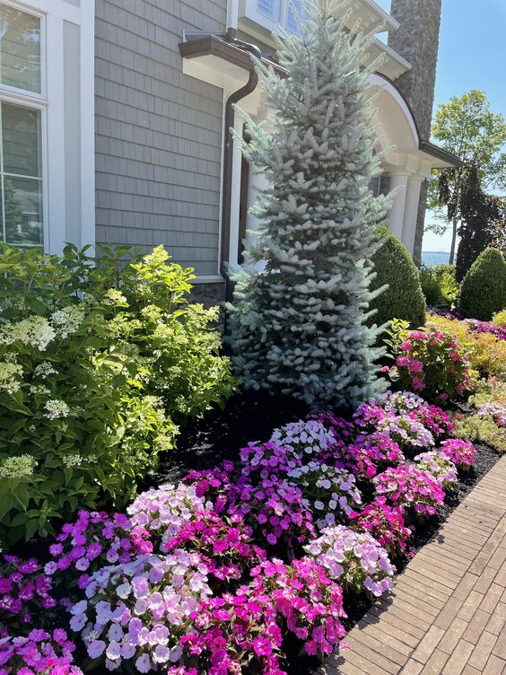 A big flower bed in the front yard featuring bold flowers, blooming shrubs and a beautiful and tall fit tree is adorable. 