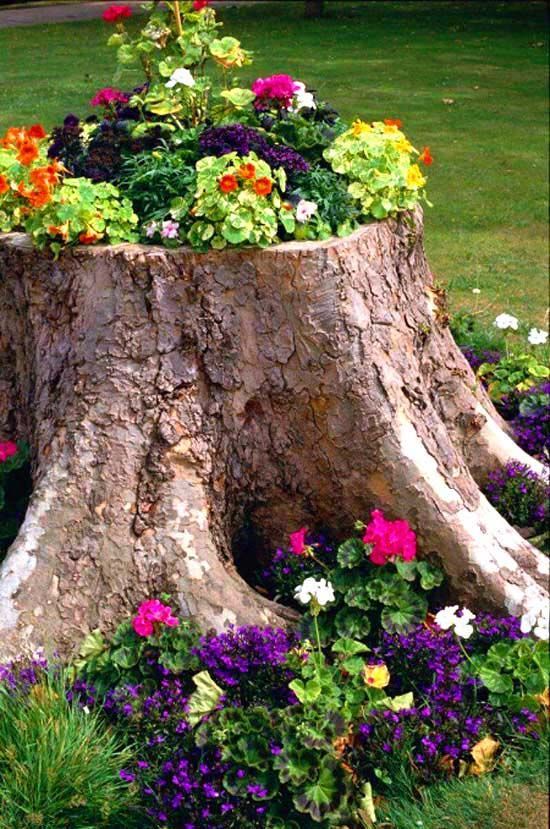 a large tree stump with greenery, purple, orange and fuchsia blooms and matching blooms at the bottom of the stump for outdoor decor