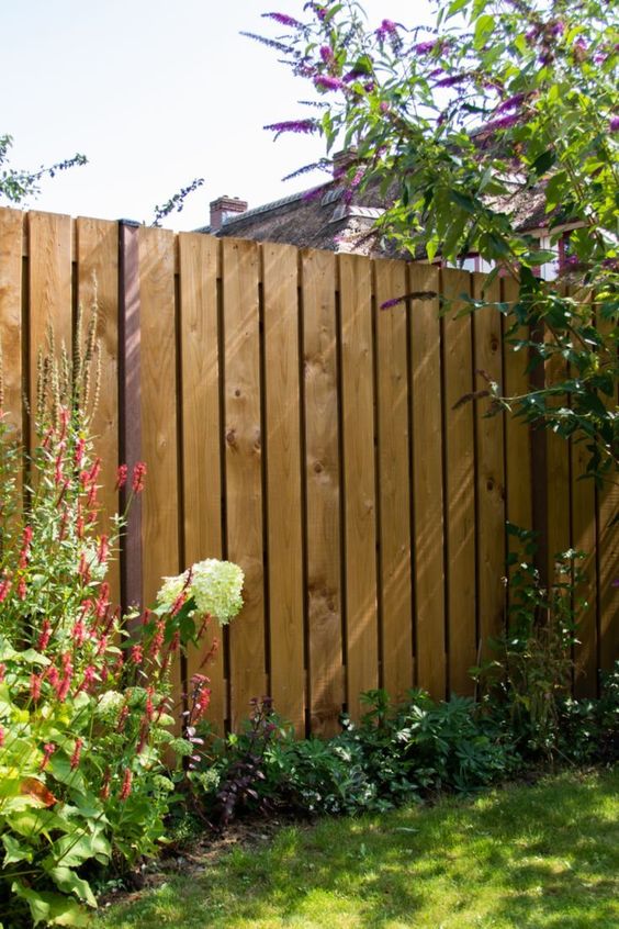 a light-stained fence with greenery and blooms along it to refresh and make it look cooler