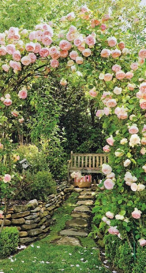 a little nook with a bench under the trees, a stone path and a metal arch covered with roses is a very dreamy corner