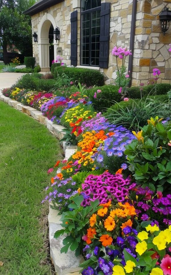 A long curved area along the house with greenery and super colorful flowers that instantly boost the look of the front yard.