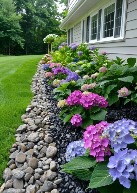 A long bed with pebbles and gravel, with greenery and bright blooms to bring interest to the front yard, neutral exterior walls help the flowers stand out. 