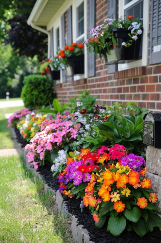 A long raised garden bed with greenery and super bright blooms will instantly add curb appeal to the front yard of the house.