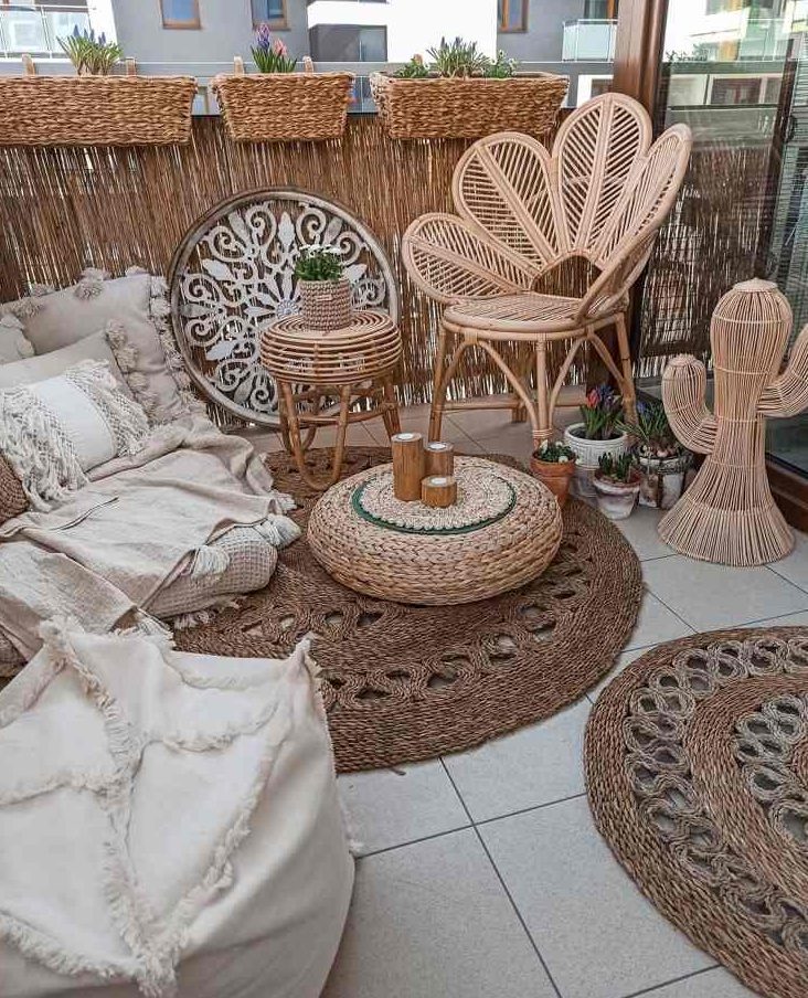 a lovely boho balcony with jute rugs, rattan furniture, a low sofa with lots of pillows, a pouf, a jute pouf with candles and potted plants