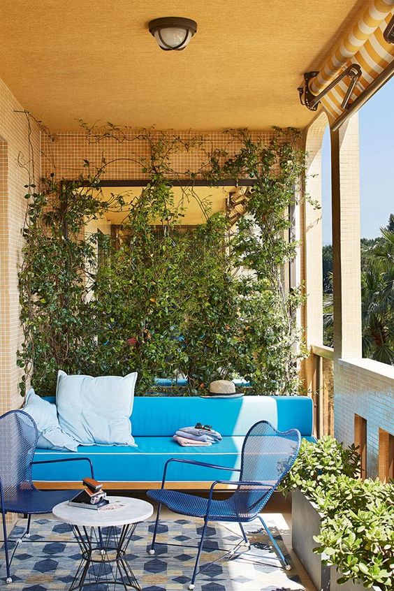 a lovely bright balcony with a trellis with vines, greenery in a planter, a bold blue sofa and blue chairs is cool