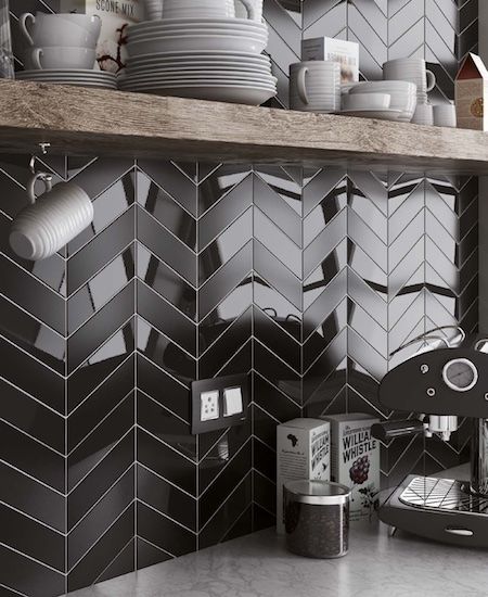 a matte and glossy black chevron tile backsplash is always a good and super catchy idea to rock