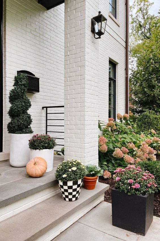 a modern farmhouse porch decorated with topiaries and potted blooms and pumpkins is a great fall space