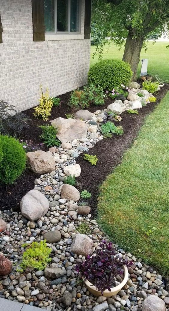 a modern garden with a green lawn, pebbles and rocks, potted plants and shrubs plus greenery