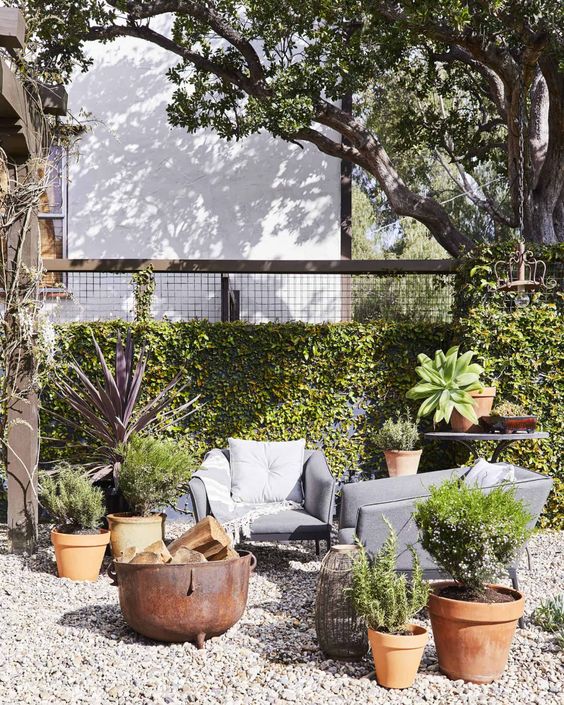 a modern gravel patio with grey chairs, a fire pit, potted plants and a living wall next to the space