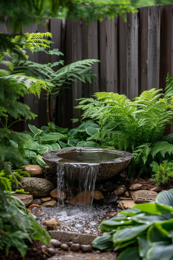 a natural corner garden with greenery and a stone bowl waterfall plus pebbles and rocks looks like part of the forest