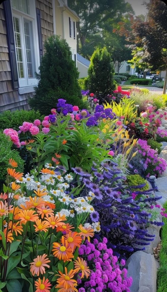 Rough rocks and super colorful blooms and greenery enlivens the front yard and other outdoor spaces of the house.