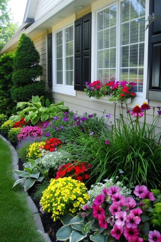 A flower bed with stone borders, greenery and bright blooms plus matching blooms in the window boxes for a bright and cool decor touch.