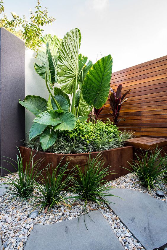 a raised garden bed with tropical plants, grasses and pebbles around is a cool way to refresh any outdoor space