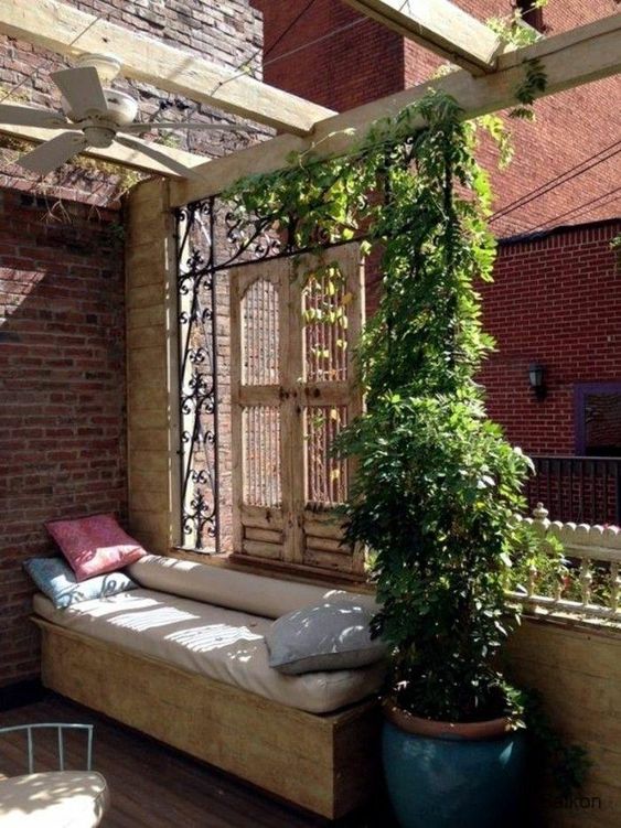 a refined vintage balcony with a daybed and a plant in a pot that climbs up the trellis creating more privacy and a screen from the sun