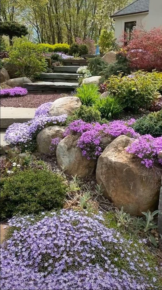 a rock garden with greenery and bright blooms is a very eye-catching and spectacular decor idea for any space