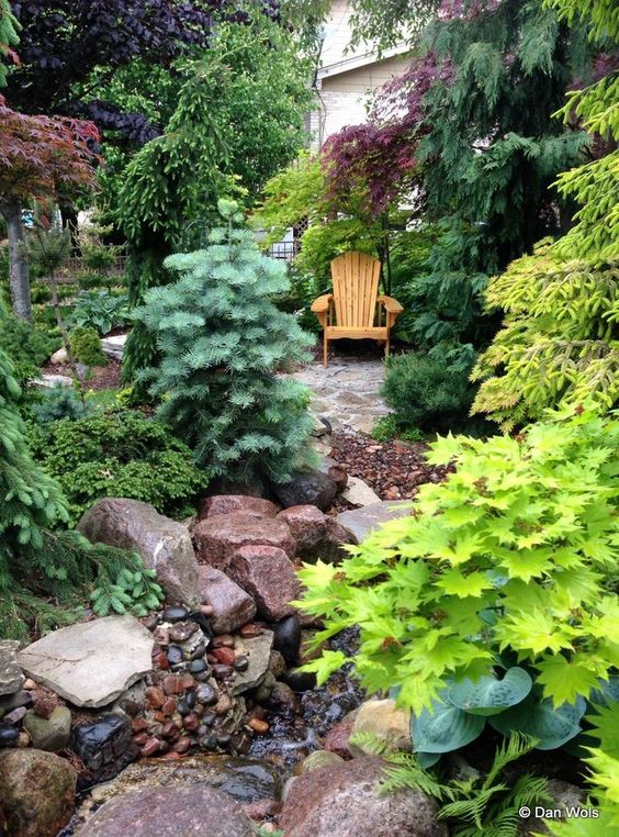 a shady garden nook with bold trees and bold shrubs, a rock and pebble landscape, a wooden chair and some bold foliage