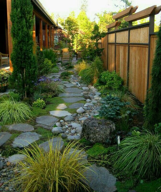 a shady side garden with trees, bushes, greenery, a rock and pebble path and some outdoor lamps is amazing