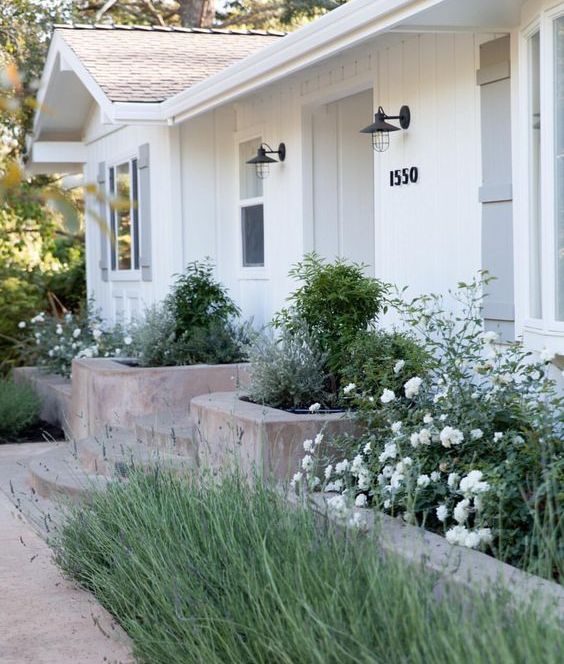 Simple house's entrance with textural greenery and white blooms are amazing to finish off the cottage look of the front yard.
