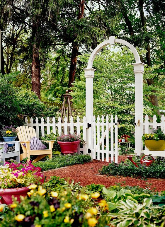 a simple fence and a gate with an arbor can be left uncovered if you don't need much privacy and color