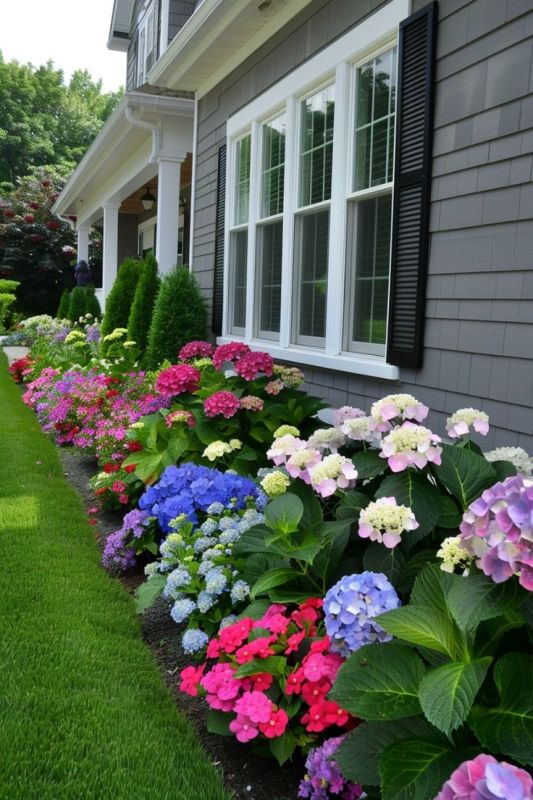 A long flower bed with greenery and colorful blooms boosts the curb appeal of the house, these blooms bring in the color.