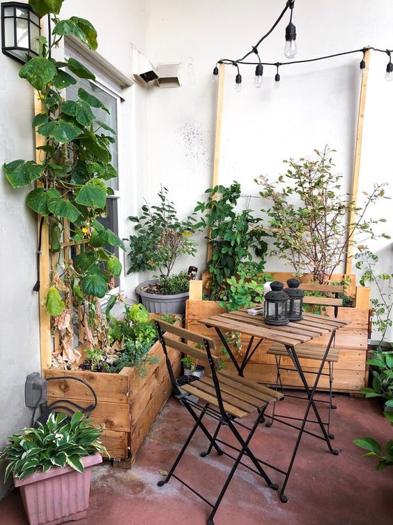 a small balcony with folding furniture, planters with greenery and a trellis with cucumbers climbing up is a cool and cozy space