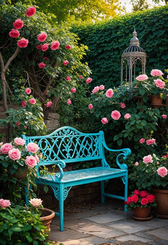 a sophisticated garden with blooming roses, a blue forged bench, a lantern looks like it's straight out of a fairy-tale