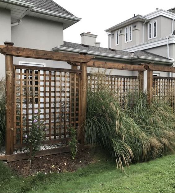 a stained trellis fence accented with pebbles and grasses is a modern and stylish idea for an outdoor space